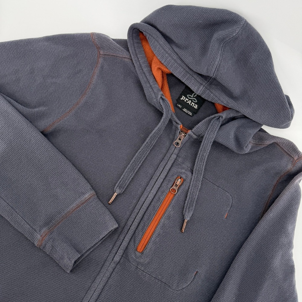 Prana Full Zip Hoodie Mens Large Grey Orange Waffle Knit Textured Jacket Outdoor